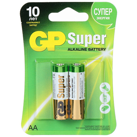 Батарейка GP, АА (LR06, LR6), Alkaline Super, алкалиновая, блистер, 2 шт, 02722
