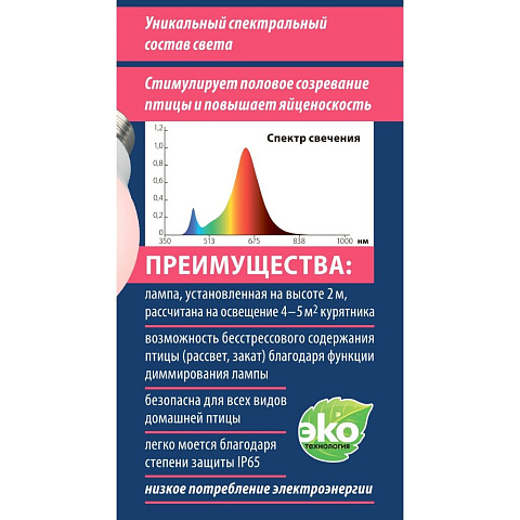 Лампочка светодиодная для птицы, E27, 9 Вт, 175-250 В, IP65, A60, SCEP, спектр для яйценоскости, Uniel, PLO65WH, UL-00003189