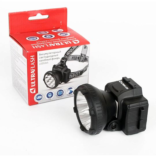 Фонарь налобный, встроенный аккумулятор, Ultraflash, LED5365, зарядка от сети 220 В, зарядка от USB, пластик, черный