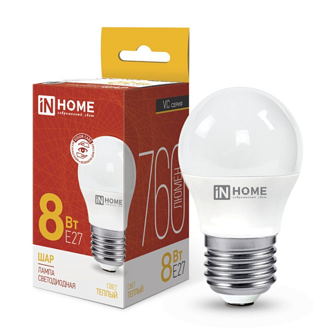 Лампа светодиодная E27, 8 Вт, 75 Вт, 230 В, шар, 3000 К, свет теплый белый, In Home, LED-ШАР-VC