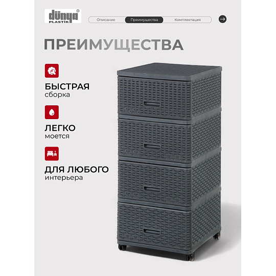 Комод 4 ящика, Дюна, 40х50х98 см, антрацит, плетеный, 04054, Dunya Plastik