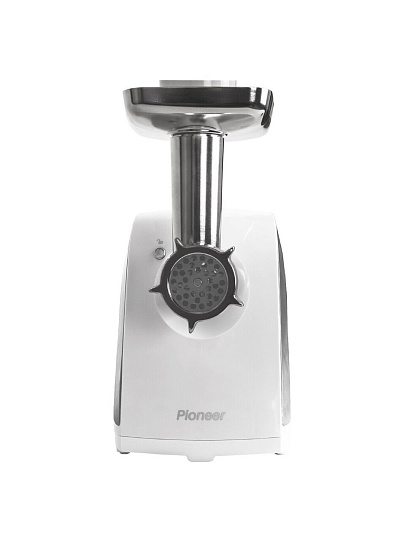 Мясорубка электрическая Pioneer, MG109, 1800 Вт, реверс, 1.8 кг/мин, металл, пластик, 4 насадки, для колбасок, терки, с отсеком для хранения насадок, белая