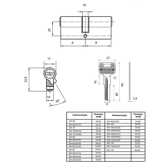 Личинка замка двери Apecs, SM-70(30/40)-G, 9066, 70 мм, золото