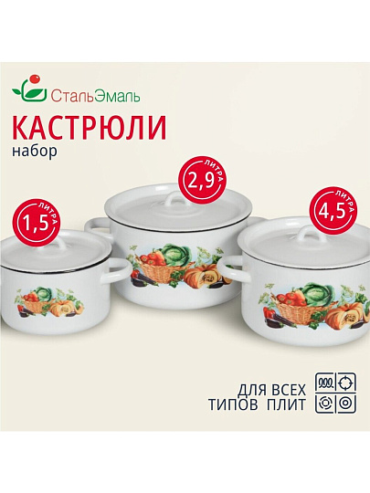 Набор посуды эмалированная сталь, 3 предмета, кастрюли 1.5,2.9,4.5 л, индукция, СтальЭмаль, Урожай, 1с33