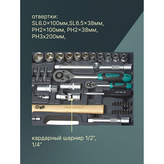 Набор слесарных инструментов Stels, 14104, 1/2", 1/4", сталь, кейс, 76 предметов