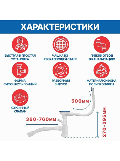 Сифон для кухни, гофрированный, 360 мм, 3.1/2"х40х295 мм, полипропилен, с выпуском, с переливом, перелив круглый, квадратный, 2 перелива, отвод стиральной машины, 40х40/50, MasterProf, ИС.110637