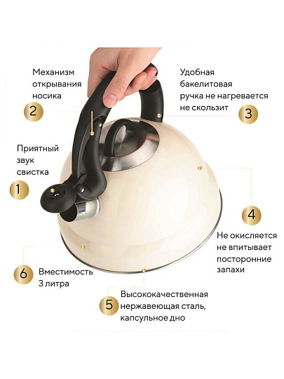Чайник нержавеющая сталь, 3 л, со свистком, зеркальный, ручка бакелитовая, RasheL, индукция, кремовый, М-7830