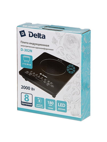 Плита индукционная Delfa, D-302N, 2000 Вт, 1 конфорка, стеклокерамика, сенсорная, переключатель сенсорный, 8 программ, черная