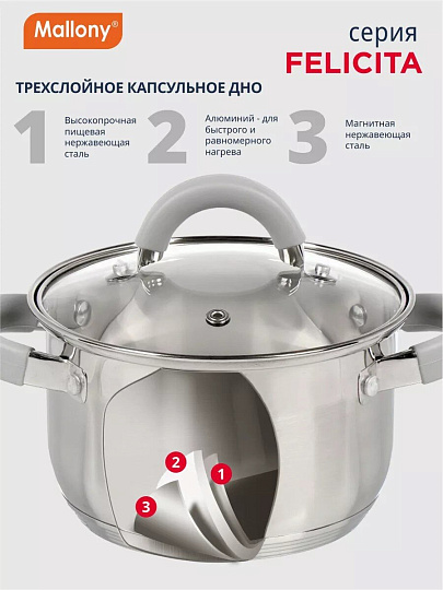 Кастрюля нержавеющая сталь, 3.9 л, крышка стекло, силиконовые ручки, Mallony, Felicità, 009388, индукция