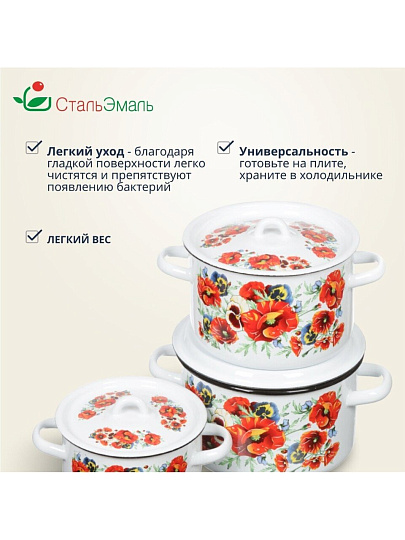 Набор посуды эмалированная сталь, 3 предмета, кастрюли 1.5,2.9,4.5 л, индукция, СтальЭмаль, Маки мечта, 1с33