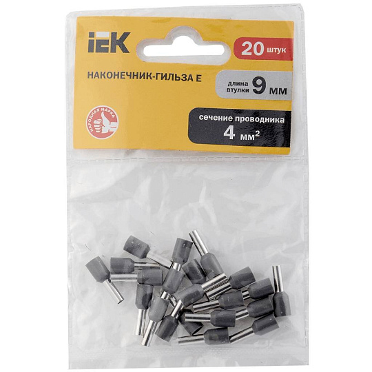 Наконечник-гильза Е 4.0-09, медь, серый, 20 шт, 4 мм², IEK, UGN10-4-004-04-09