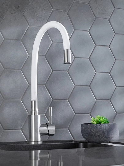 Смеситель для кухни, РМС, гибкий излив, с картриджем, белый, SUS124W-016F