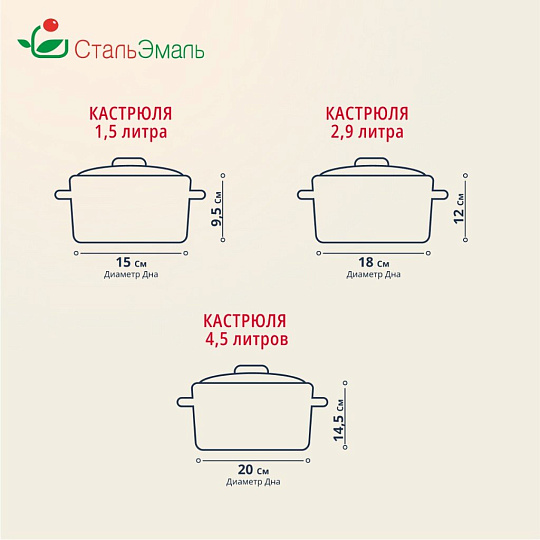 Набор посуды эмалированная сталь, 3 предмета, кастрюли 1.5,2.9,4.5 л, индукция, СтальЭмаль, Земляника, 1с144