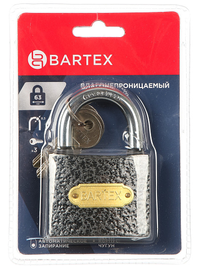 Замок навесной BARTEX чугунный 63мм Влагонепроницаемый, блистер, 3 ключа, 504662