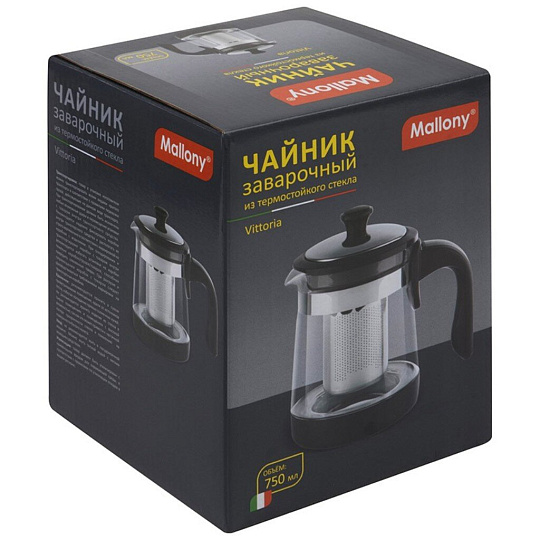 Чайник заварочный стекло, нержавеющая сталь, 0.75 л, с ситечком, с комбинированной ручкой, Mallony, Vittoria, 910140