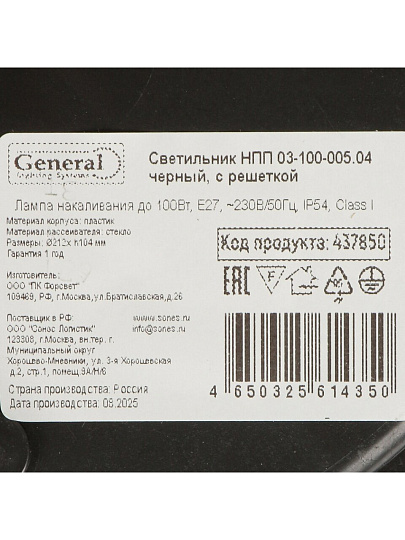 Светильник General Lighting Systems, НПП 03-100-005.04, 100 Вт, E27, на 1 лампочку, IP54, 21.2х21.2х10.4 см, с решеткой, черный, 437850