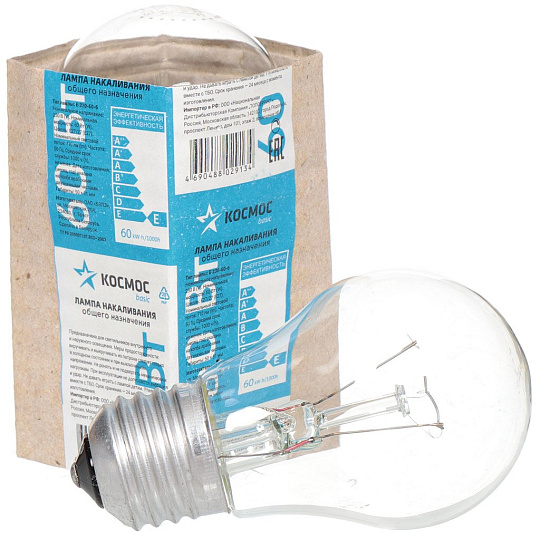Лампа накаливания E27, 60 Вт, колба, прозрачная, Космос/ Лисма, Экономик, LkecSt50CL60wE27