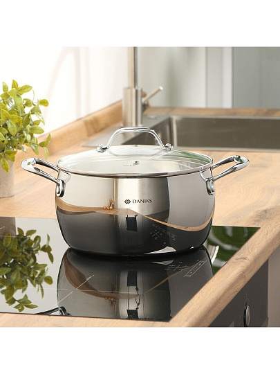 Кастрюля нержавеющая сталь, 4.7 л, крышка стекло, Daniks, Manola, CW-T078-22, индукция