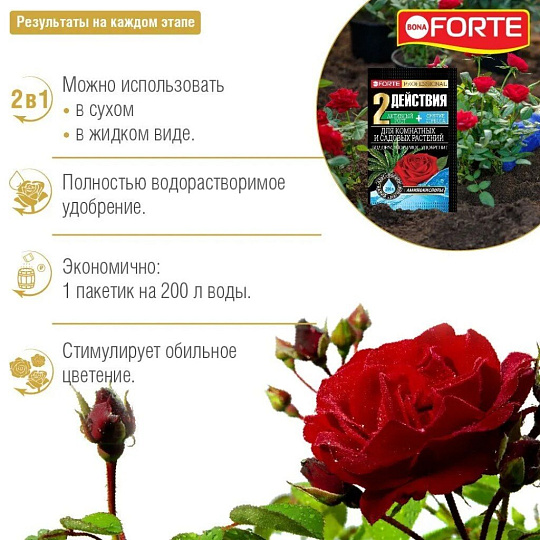 Удобрение для комнатных и садовых растений, водорастворимое, с аминокислотами, минеральный, гранулы, 100 г, Bona Forte