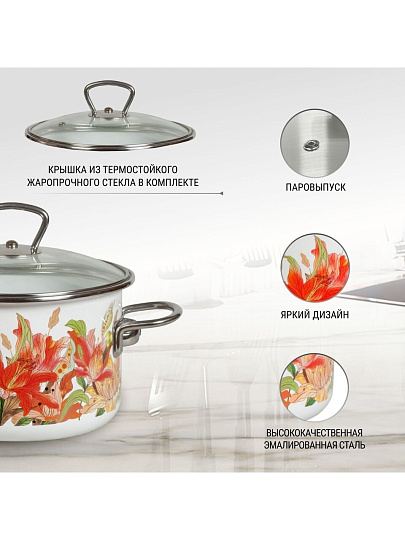 Кастрюля эмалированная сталь, 4 л, крышка стекло, цилиндрическая, Vitross, Lilianna, 1SD205S, индукция