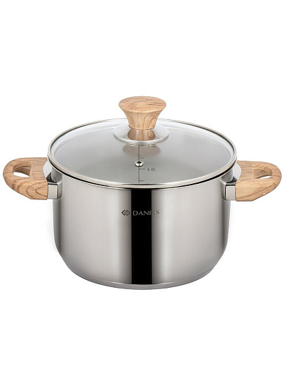 Кастрюля нержавеющая сталь, 3.9 л, крышка стекло, Daniks, Осло, GS-01147-20CA, индукция