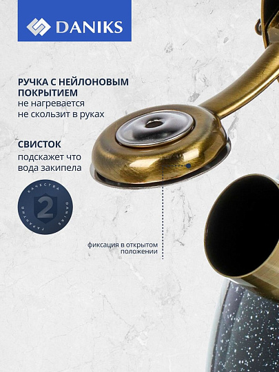 Чайник нержавеющая сталь, 3 л, со свистком, матовый, ручка с покрытием, нейлон, Daniks, индукция, черный, GS-04517G