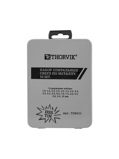 Набор сверл по металлу, 19 шт, Thorvik, HSS TiN, 1-10 мм, TDBS19