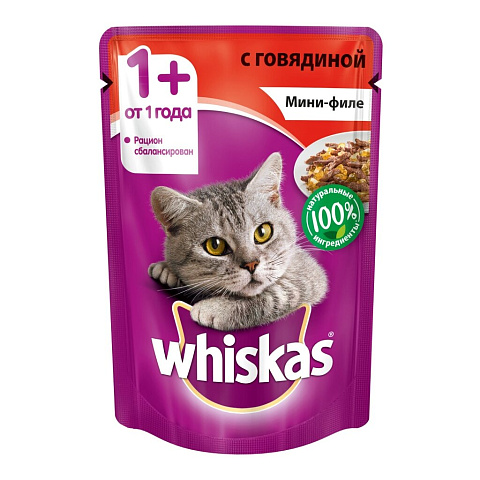 Корм для животных Whiskas, 85 г, для взрослых кошек 1+, кусочки в желе, говядина, пауч, 10165911