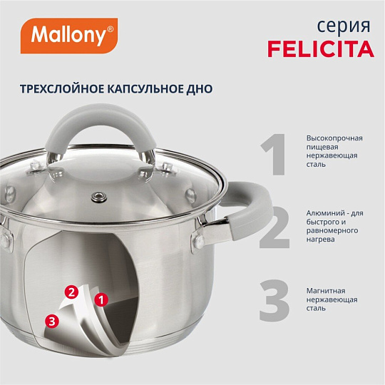 Кастрюля нержавеющая сталь, 3.9 л, крышка стекло, силиконовые ручки, Mallony, Felicità, 009388, индукция