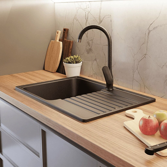 Мойка кухонная врезная, GranFest, Quarz, кварцевый песок, 736х476 мм, без сифона, черная, GF-Z78