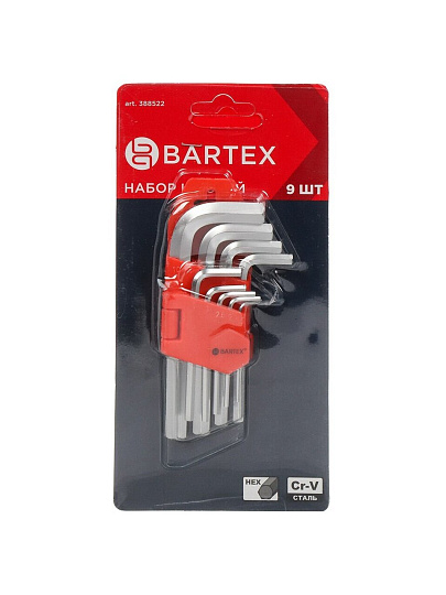 Набор ключей шестигранный, 9 предметов, Bartex, CrV сталь, Г-образный, HEX, AI-2904002