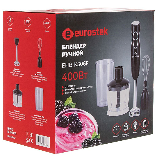 Блендер погружной 400 Вт, 2 скорости, стакан, венчик, измельчитель, Eurostek, EHB-KS06F, черный