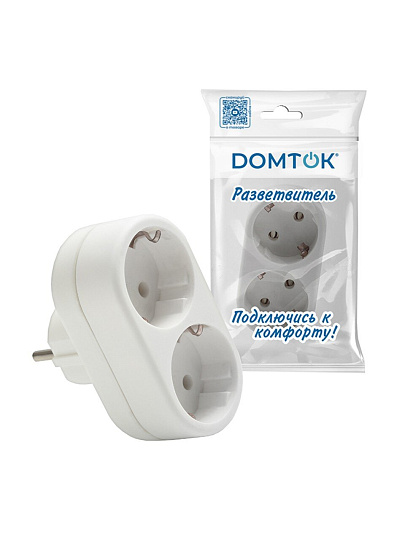 Разветвитель 2 гнезда, с заземлением, плоский, 16 А, 250 В, 3500 Вт, Domtok, 2653