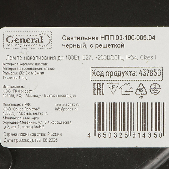 Светильник General Lighting Systems, НПП 03-100-005.04, 100 Вт, E27, на 1 лампочку, IP54, 21.2х21.2х10.4 см, с решеткой, черный, 437850