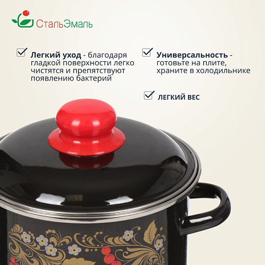Кастрюля эмалированная сталь, 2 л, крышка сталь, цилиндрическая, СтальЭмаль, Рябина, 7RD161M/7RD161S, индукция