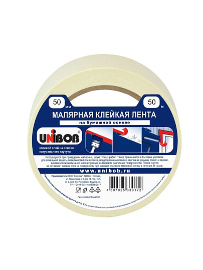 Клейкая лента малярная 50 мм, основа крепированная бумага, 50 м, Unibob, 28139