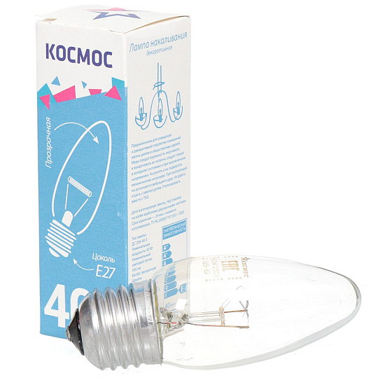 Лампа накаливания E27, 40 Вт, свеча, прозрачная, Космос, LKsmSCnCL40E27v2