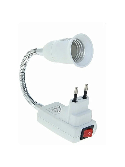 Переходник E27, гибкий, с выключателем, вилка-патрон, 150мм, белый, Ecola, Base, APT7NWEAY