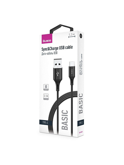 Кабель USB, OLMIO, Basic, USB Type-C, 1.2 м, 2.1А/3А, черный, 041638