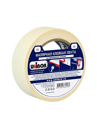Клейкая лента малярная 38 мм, основа крепированная бумага, 50 м, Unibob, 28138