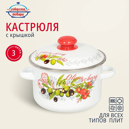 Кастрюля эмалированная сталь, 3 л, крышка сталь, цилиндрическая, Сибирские товары, Оливки и черри, 3MD181M, индукция