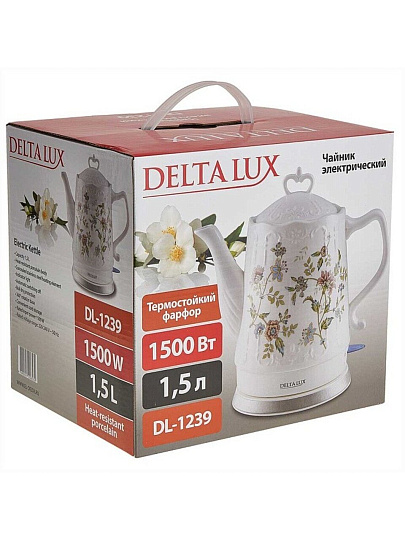 Чайник электрический Delta Lux, Цветы DL-1239, 1.5 л, 1500 Вт, скрытый нагревательный элемент, фарфор