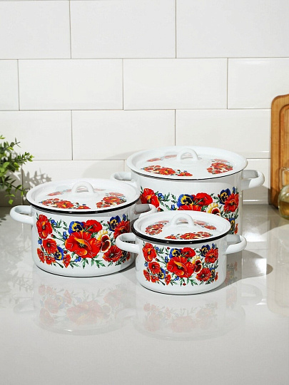 Набор посуды эмалированная сталь, 3 предмета, кастрюли 1.5,2.9,4.5 л, индукция, СтальЭмаль, Маки мечта, 1с33