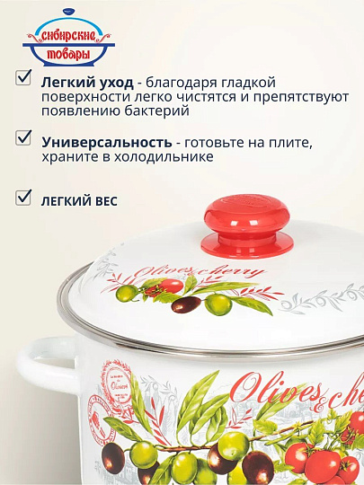 Кастрюля эмалированная сталь, 4 л, крышка сталь, цилиндрическая, Сибирские товары, Оливки и черри, 3MD201M, индукция
