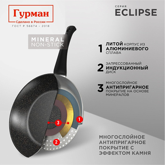 Сковорода литой алюминий, 28 см, антипригарное покрытие, Гурман, Eclipse, съемная ручка, индукция, ГМ2801ЭКИ