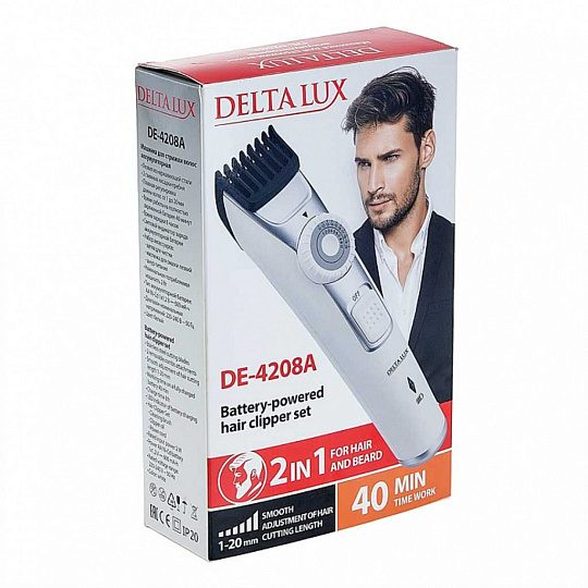 Машинка для стрижки волос и бороды, Delta Lux, DE-4208A, аккумуляторная, 2 Вт, белая, 2 в 1