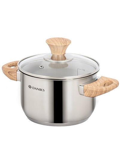 Кастрюля нержавеющая сталь, 1.9 л, крышка стекло, Daniks, Осло, GS-01147-16CA, индукция
