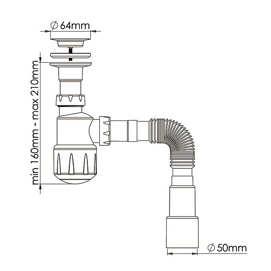 Сифон для мойки, 1 1/4", выпуском 64мм, с гибкой трубой 40/50, Aquanova, 1050 (C2015)
