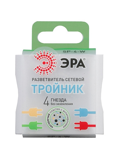 Разветвитель 4 гнезда, без заземления, 16 А, белый, Эра, SP-4-W, Б0005103