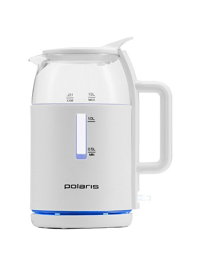 Чайник электрический Polaris, PWK 1545CGL, белый, 1.5 л, 2200 Вт, скрытый нагревательный элемент, стекло, пластик